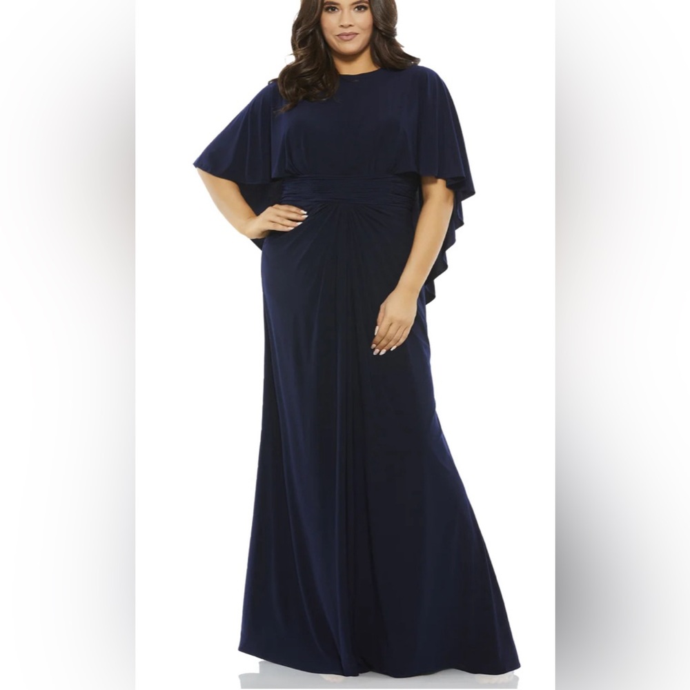 Mac Duggal Navy Blue Jersey Cape Sleeve Ruched A-Line Gown Size 18W $398